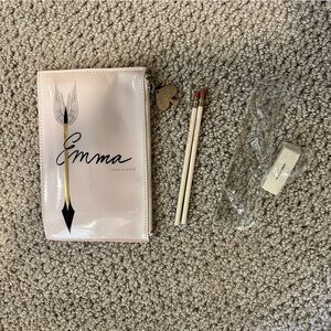 NWOT Kate Spade Emma Jane Austen Pencil Case, 2 pencils, an eraser, and ruler